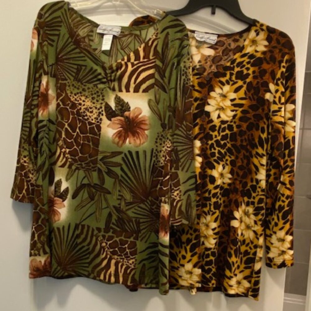 CAROLYN STRAUSS Choice: ANIMAL Earthtone FLORAL Stretch TUNIC TOPS ~ S / M 41"